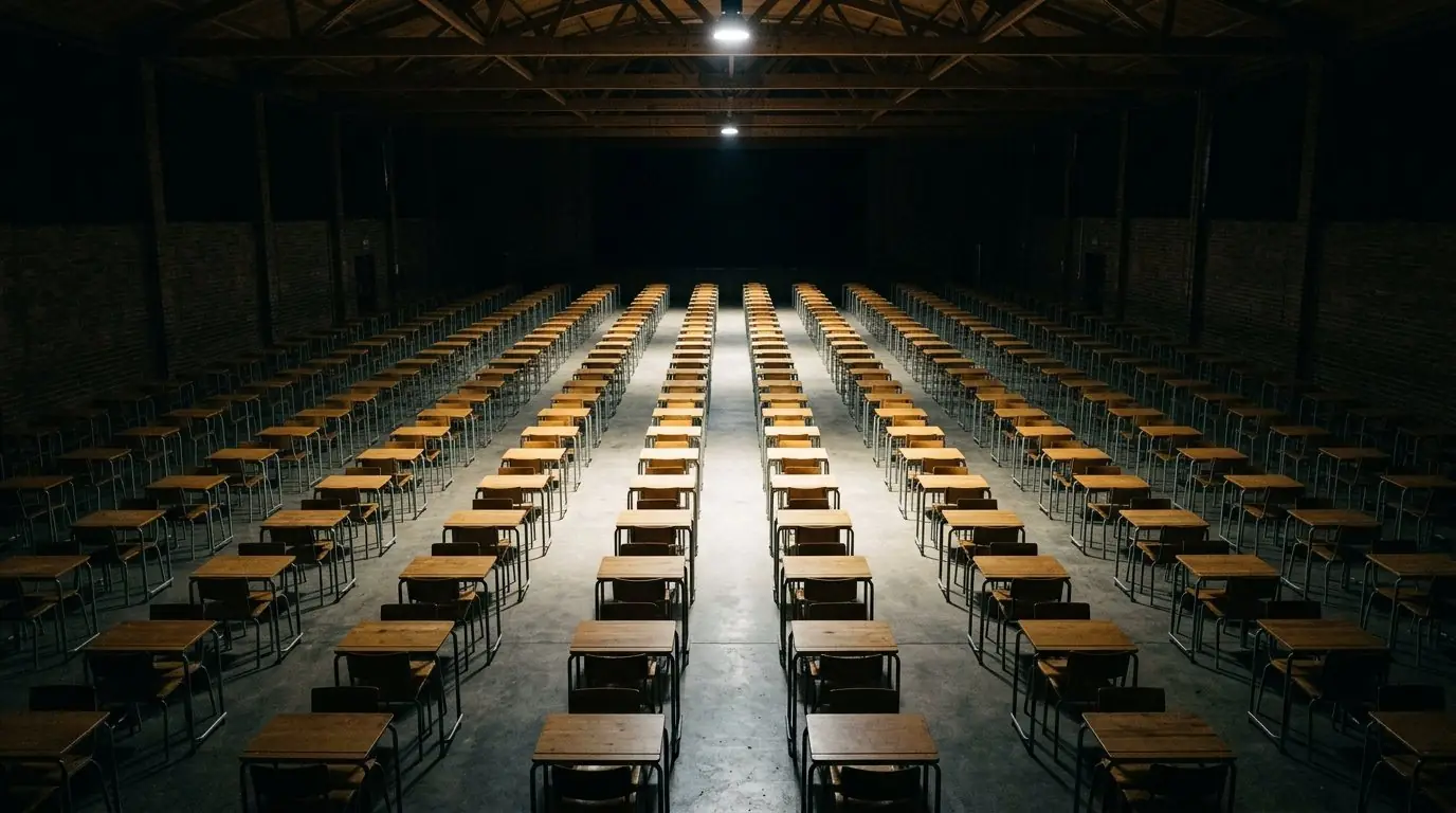 Rows of empty desks in a large examination hall, lit from above.