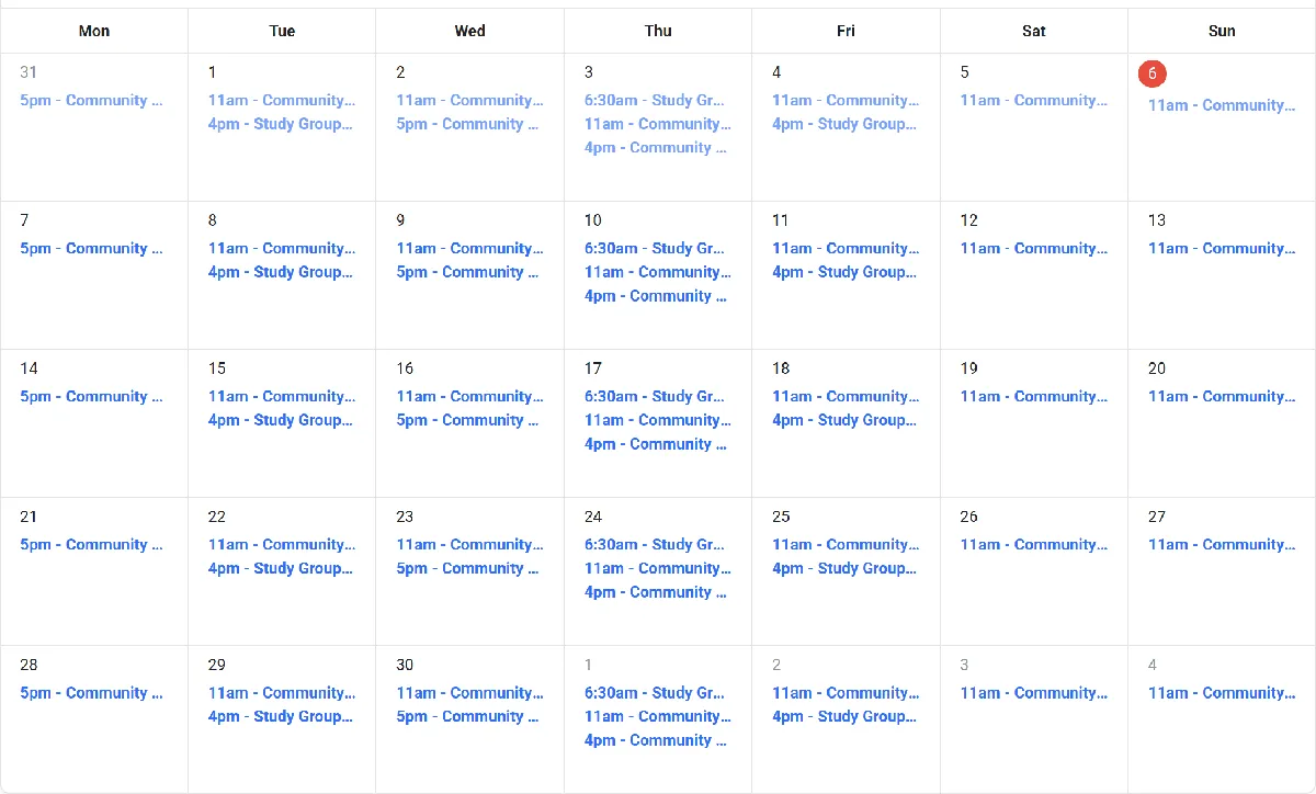 The public Skool calendar for September 2026, with live sessions listed on every day of the month.