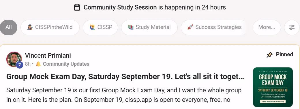 The community feed, showing a notice that a study session starts in 24 hours above a pinned post about Group Mock Exam Day.