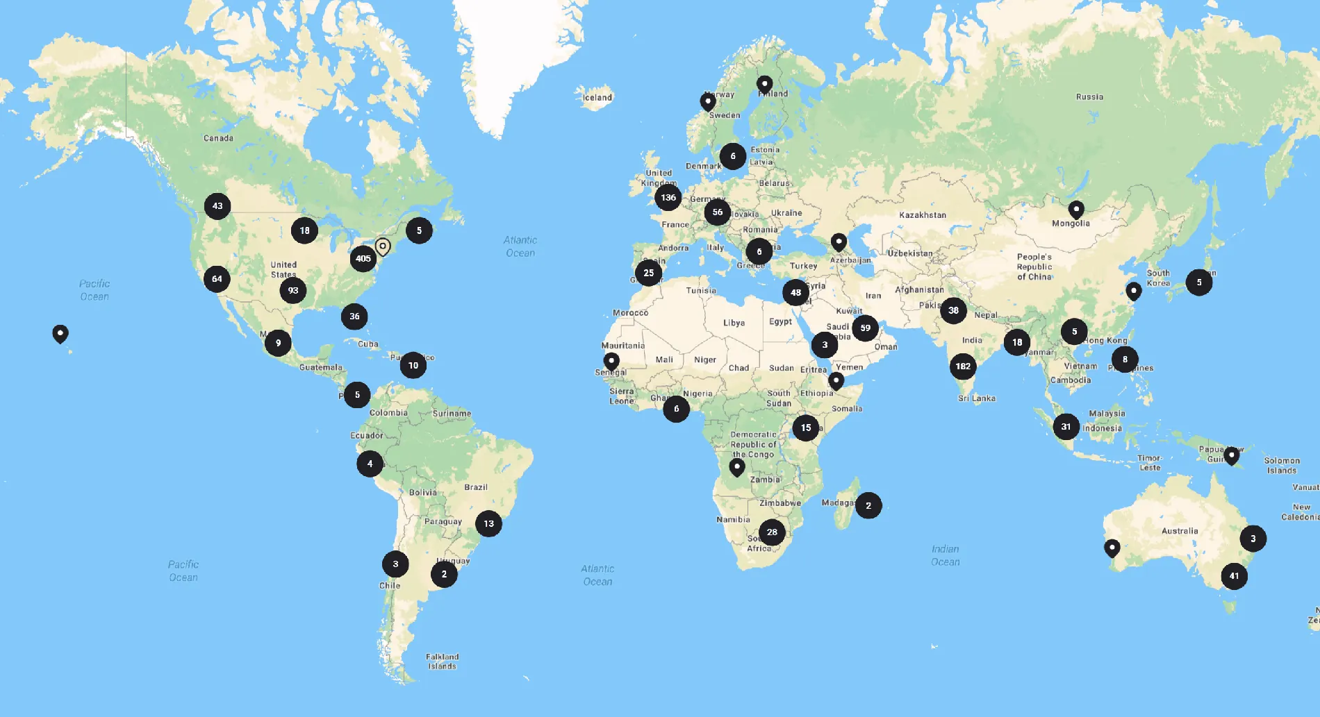 A world map of CISSP Study Group members, with numbered pins clustered across North America, Europe, Africa, India and Australia.
